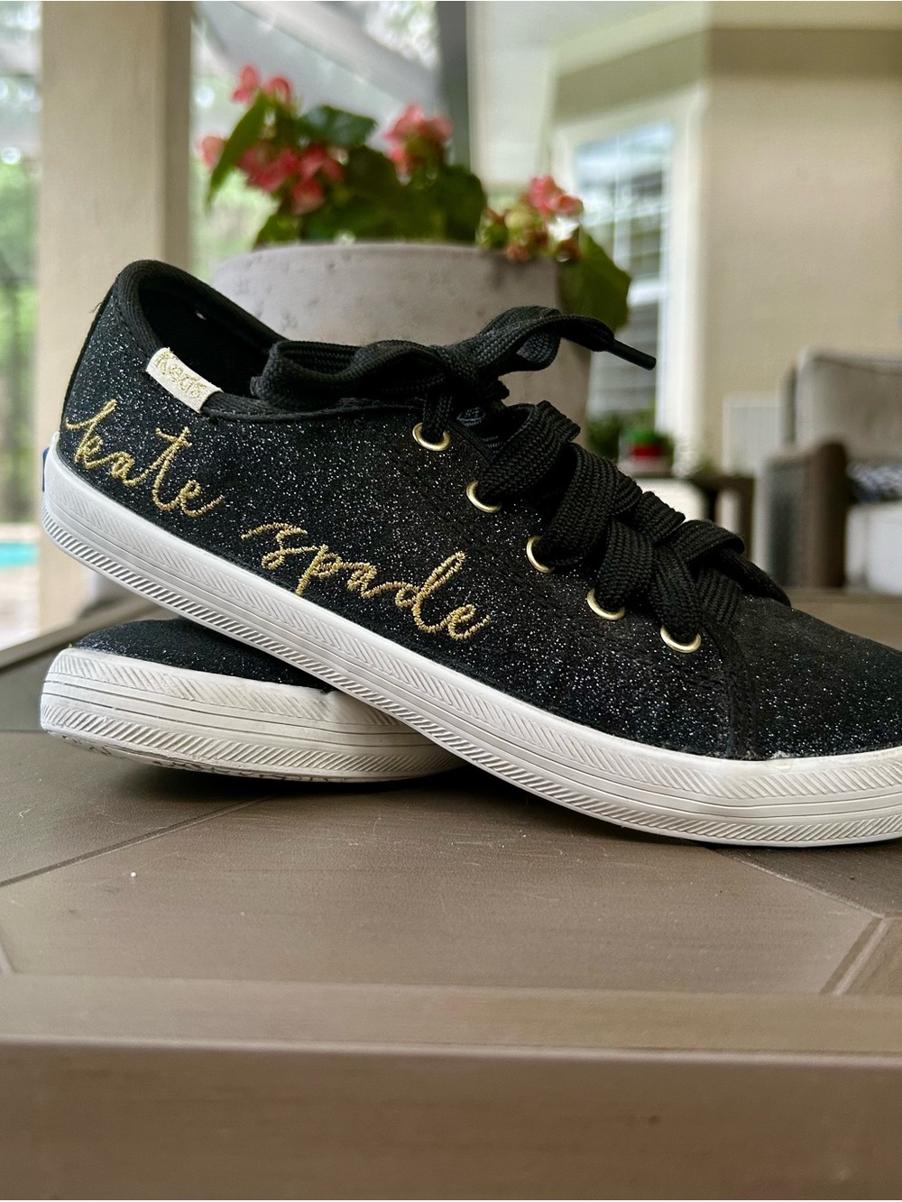 KATE SPADE Keds Black Glitter Sneakers with Gold Script Kids 13